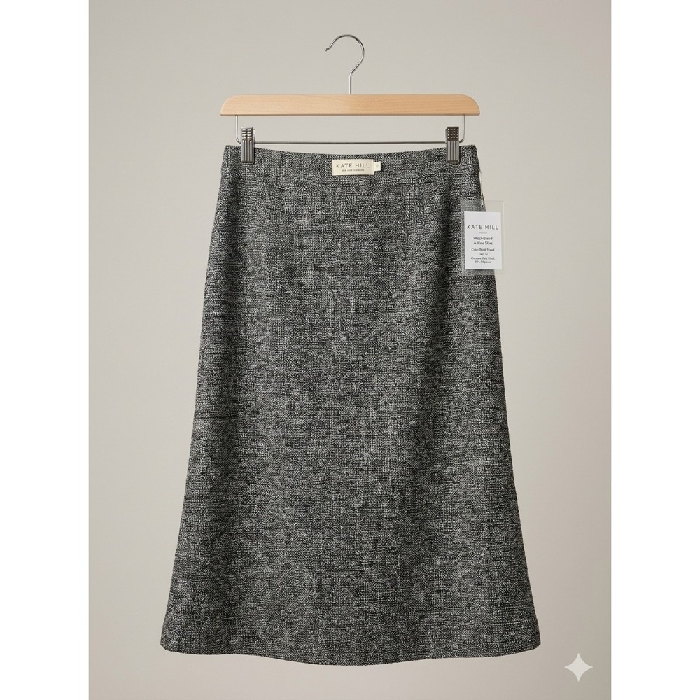 Kate Hill Skirt Minimailst Luxury Wool Blend A-Line Midi Gray Tweed Women's 6
